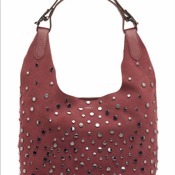 New DKNY burgundy silver studs bag suede purse  new (WOT) - Picture 2 of 5